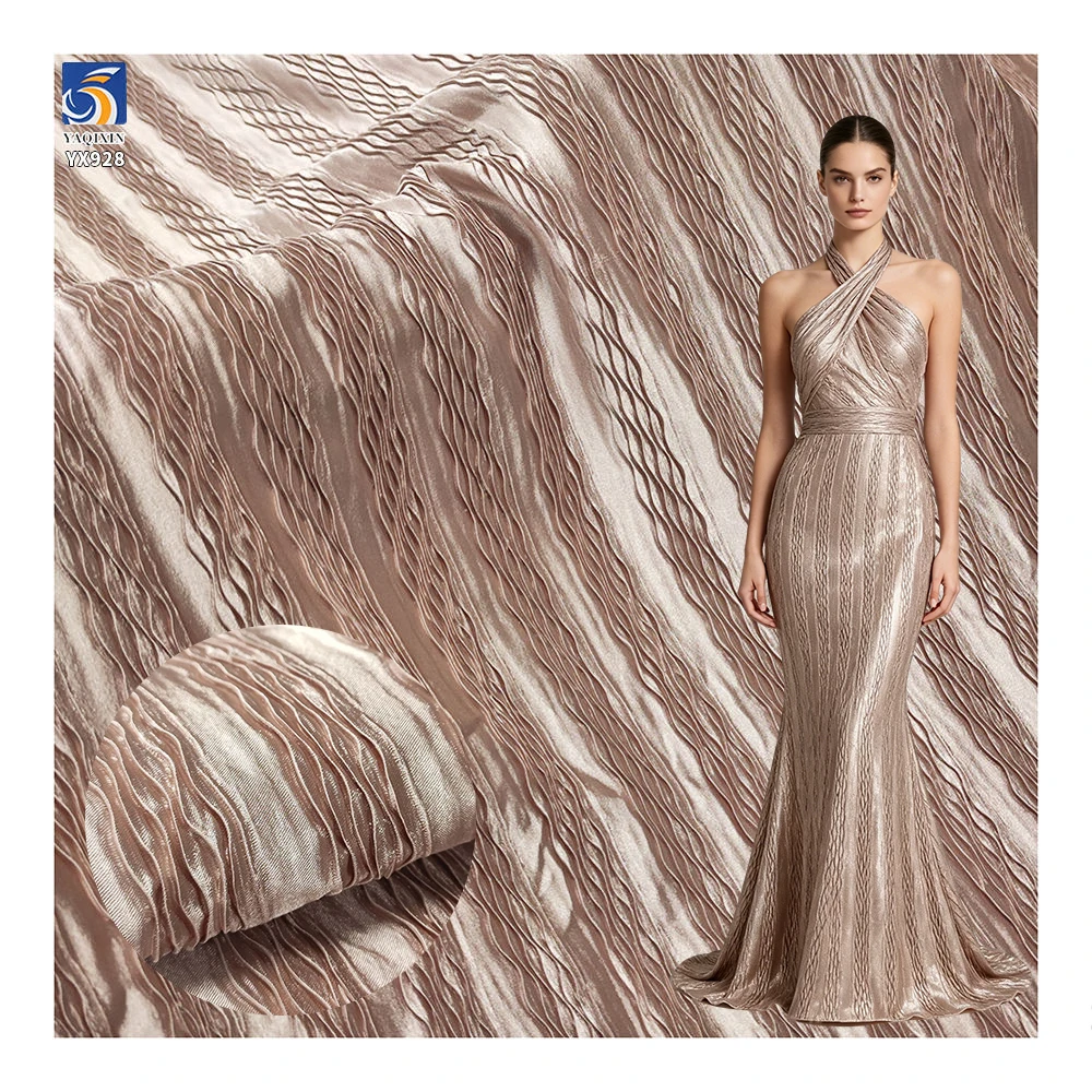 YX928-1 2025 New Products Wavy Pleated Striped Satin Fabric European French Women High-End Party Skirt Satin Pleated Fabric...