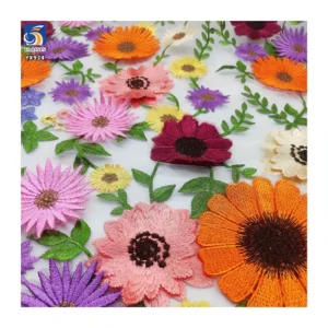 YX934 2026 Three-Dimensional Yarn-Dyed Chrysanthemum Embroidery Fabric Colorful Big Flowers Tulle Mesh 3D Embroidery Fabric...