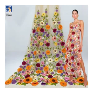 YX934 2026 Three-Dimensional Yarn-Dyed Chrysanthemum Embroidery Fabric Colorful Big Flowers Tulle Mesh 3D Embroidery Fabric...