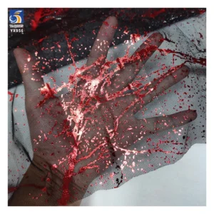 YX956 2026 New Arrivals 100% Polyester Spraying Red Ink Pattern Printing Black Tulle Mesh Fabrics for Holiday Event Dress...