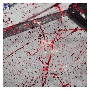 YX956 2026 New Arrivals 100% Polyester Spraying Red Ink Pattern Printing Black Tulle Mesh Fabrics for Holiday Event Dress...