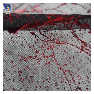 YX956 2026 New Arrivals 100% Polyester Spraying Red Ink Pattern Printing Black Tulle Mesh Fabrics for Holiday Event Dress...