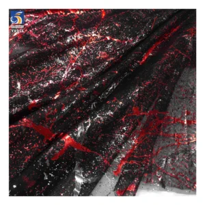 YX956 2026 New Arrivals 100% Polyester Spraying Red Ink Pattern Printing Black Tulle Mesh Fabrics for Holiday Event Dress...