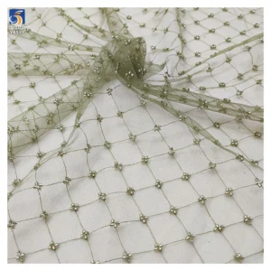 YX958 Checkered Small Plaid Bead Tube Embroidery Lace Fabric Cheap Plaid Beads Mesh Tulle Lace Fabric for Woman Dresses...