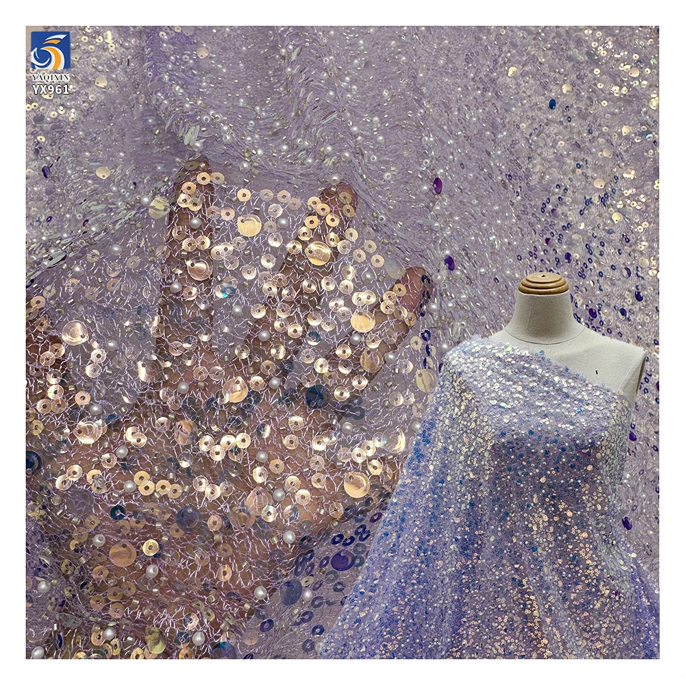 YX961 Holographic Transparent Glitter Sequin Embroidery Mesh Fabrics Water-Effect Gradient Sequin Fabric for Stage Skirts...