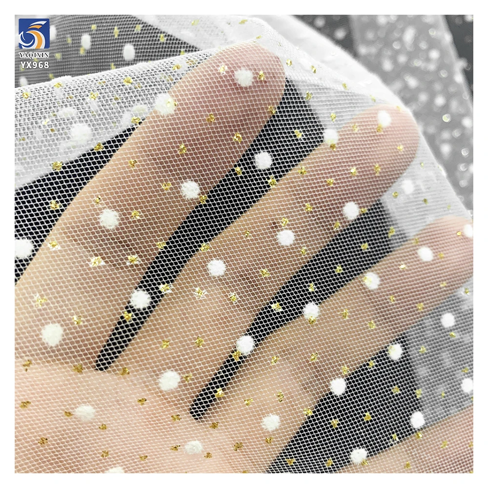 YX968 2026 Apparel Mesh Dress Bridal Veil Wedding Flocked Tulle Mesh Fabric White With Small 3mm Polka Dots Gold Glitter...