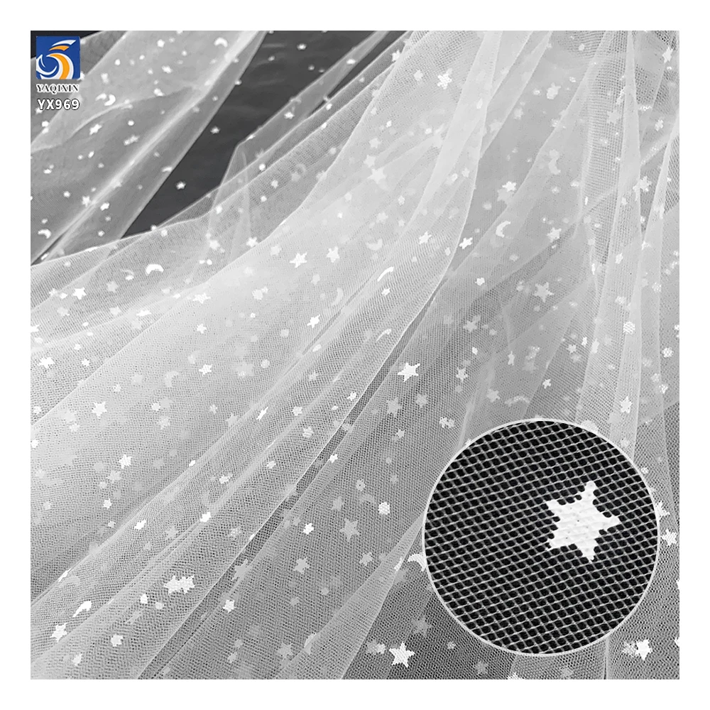 YX969 Custom White Poly Offset Printed Stars and Moon Tulle Polka Dot Printed Tulle Soft Mesh Fabrics for Doll Clothing...