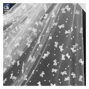 YX970 Plain White Soft Mesh Bow Print Tulle Fabric Festive White Polyester Valentine's Day Romantic Polka Dots Fabric...