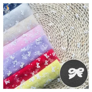 YX970 Plain White Soft Mesh Bow Print Tulle Fabric Festive White Polyester Valentine's Day Romantic Polka Dots Fabric...