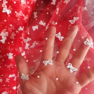 YX970 Plain White Soft Mesh Bow Print Tulle Fabric Festive White Polyester Valentine's Day Romantic Polka Dots Fabric...
