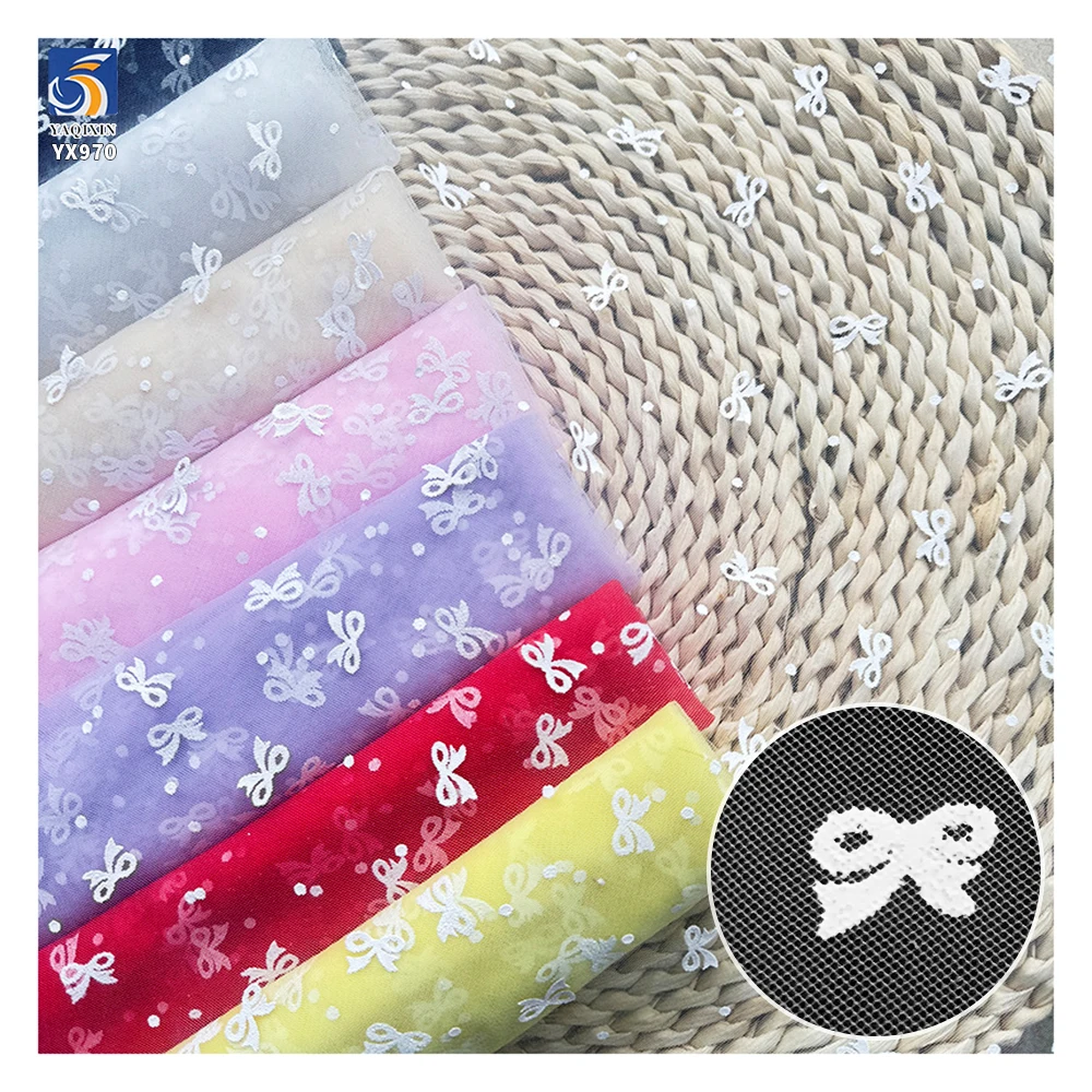 YX970 Plain White Soft Mesh Bow Print Tulle Fabric Festive White Polyester Valentine's Day Romantic Polka Dots Fabric...