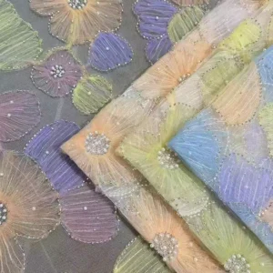 YX974 Colorful Digital Printing Big Flowers 3D Heavy Embroidery Tulle Fabric With Pearls 3D Poly Knitted Mesh Fabric Latest...