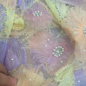 YX974 Colorful Digital Printing Big Flowers 3D Heavy Embroidery Tulle Fabric With Pearls 3D Poly Knitted Mesh Fabric Latest...