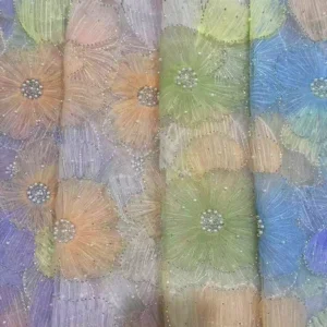 YX974 Colorful Digital Printing Big Flowers 3D Heavy Embroidery Tulle Fabric With Pearls 3D Poly Knitted Mesh Fabric Latest...