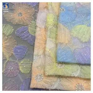 YX974 Colorful Digital Printing Big Flowers 3D Heavy Embroidery Tulle Fabric With Pearls 3D Poly Knitted Mesh Fabric Latest...