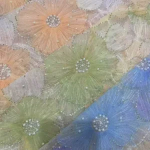 YX974 Colorful Digital Printing Big Flowers 3D Heavy Embroidery Tulle Fabric With Pearls 3D Poly Knitted Mesh Fabric Latest...