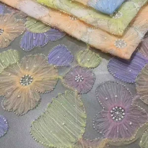 YX974 Colorful Digital Printing Big Flowers 3D Heavy Embroidery Tulle Fabric With Pearls 3D Poly Knitted Mesh Fabric Latest...