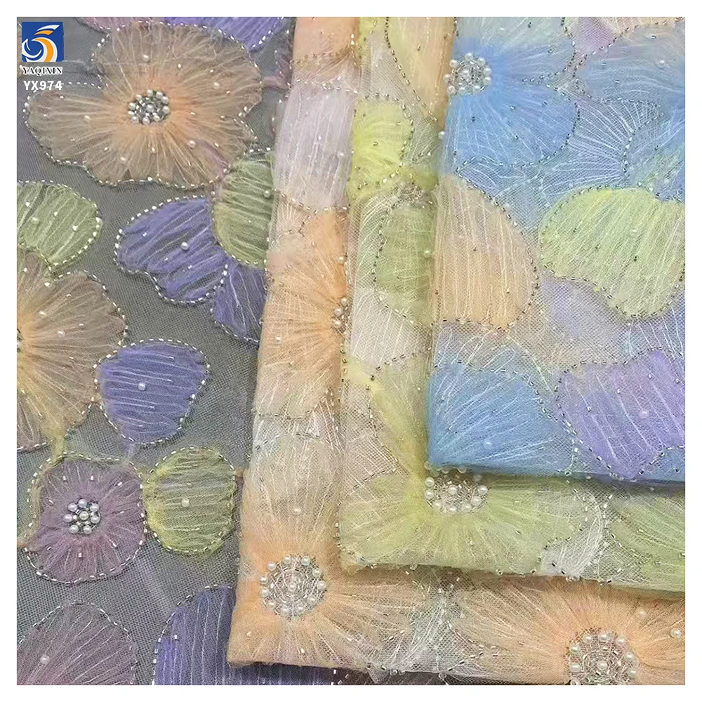 YX974 Colorful Digital Printing Big Flowers 3D Heavy Embroidery Tulle Fabric With Pearls 3D Poly Knitted Mesh Fabric Latest...