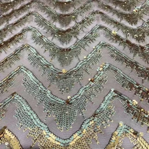 YX975 350gsm Heavyweight Wave Designs Embroidered Mesh Lace Sequin Fabric by the Yard Evening Gown Sequin Knit Fabric...