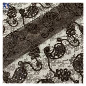 YX986 New Type Design Chenille Cashew Pattern Paisley Lace Fabric With Sequin Embroidered Mesh Chantilly Paisley Lace...