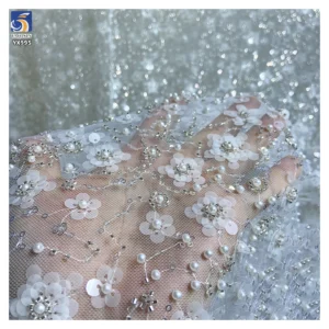 YX995-1 Ceramic White Sequins Lace Fabric High Quality French Wedding Florals Embroidery Lace Ceramic White Embroidery...