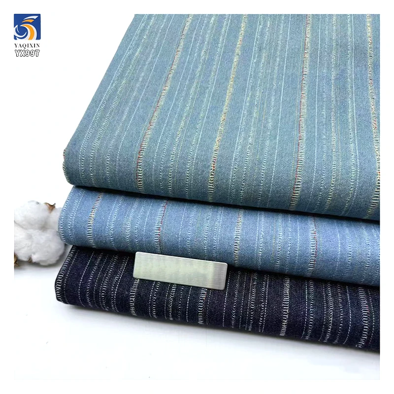 YX997 250g/m² 11oz 75% Cotton 25% Polyester Washed Denim Fabric Vintage-Style Jacquard Cotton Striped Denim Fabric for Pant...