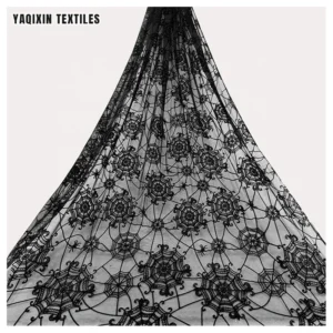 Yaqixin Spider Web Shape Design Black Flocked Stretch Mesh Lace Fabric 90 Nylon 10 Spandex Fabric 4Way Stretch - Spandex...