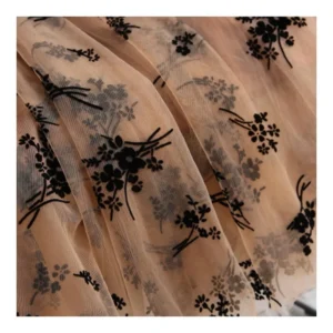 ZRT006 Fashion Fairy Style Black Floral Design Flocking Tulle Fabric Polyester Flocked Floral Mesh Fabric for Dress - 100%...