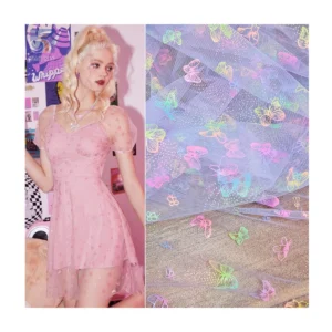 Popular Cartoon Butterfly Design Colorful Foil Print Tulle Mesh Fabric - 100% Polyester, 25 gsm, 57, 58", Mesh, Knitted...