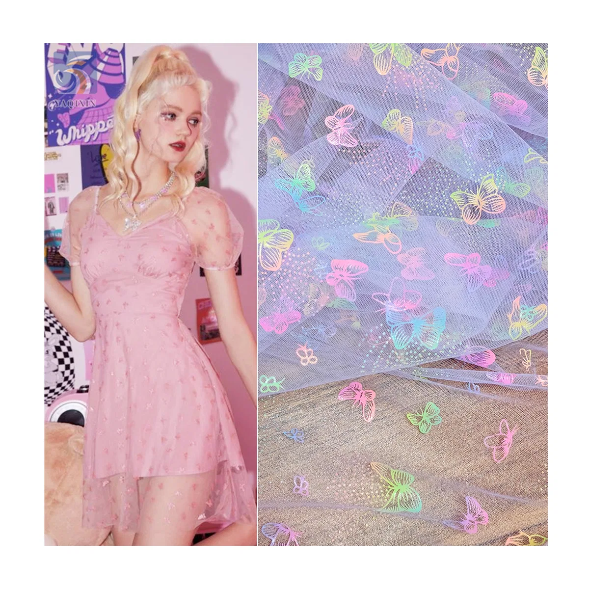 Popular Cartoon Butterfly Design Colorful Foil Print Tulle Mesh Fabric - 100% Polyester, 25 gsm, 57, 58", Mesh, Knitted...