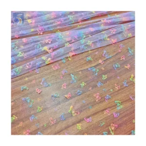 Popular Cartoon Butterfly Design Colorful Foil Print Tulle Mesh Fabric - 100% Polyester, 25 gsm, 57, 58", Mesh, Knitted...