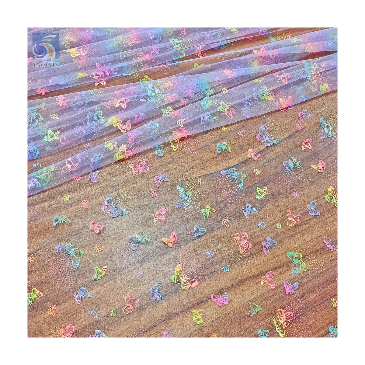Popular Cartoon Butterfly Design Colorful Foil Print Tulle Mesh Fabric - 100% Polyester, 25 gsm, 57, 58", Mesh, Knitted...