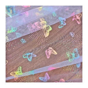 Popular Cartoon Butterfly Design Colorful Foil Print Tulle Mesh Fabric - 100% Polyester, 25 gsm, 57, 58", Mesh, Knitted...