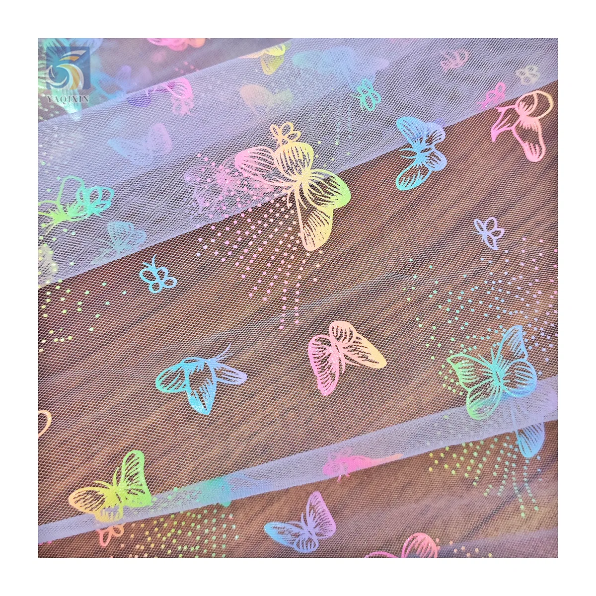 Popular Cartoon Butterfly Design Colorful Foil Print Tulle Mesh Fabric - 100% Polyester, 25 gsm, 57, 58", Mesh, Knitted...