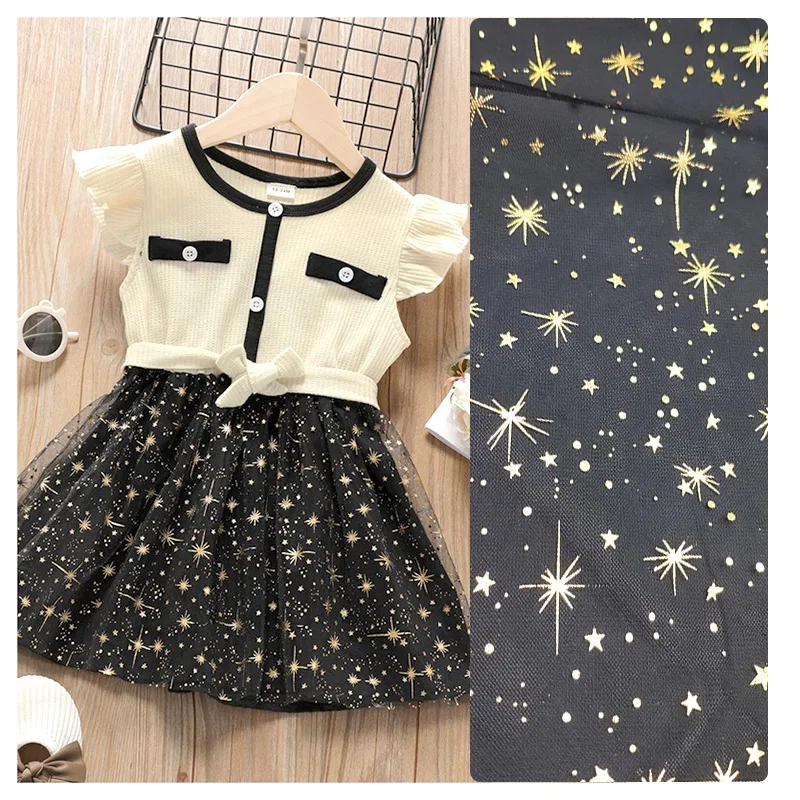 DX126 Manufacturers Direct Flash Tulle With Gold Foil Star Dots Design Polyester Mesh Fabric - 100% Polyester, 25 gsm, 155...