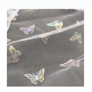 DX128 Stock Light Pink Polyester Tulle Fabric with Rainbow Color Butterfly Bronzing Net Mesh Fabric Wholesale - 100%...