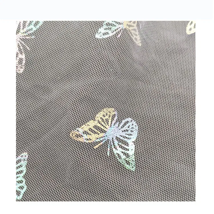 DX128 Stock Light Pink Polyester Tulle Fabric with Rainbow Color Butterfly Bronzing Net Mesh Fabric Wholesale - 100%...