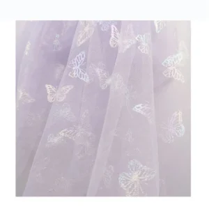 DX128 Stock Light Pink Polyester Tulle Fabric with Rainbow Color Butterfly Bronzing Net Mesh Fabric Wholesale - 100%...