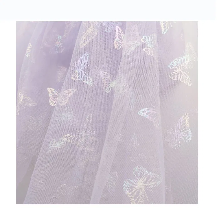 DX128 Stock Light Pink Polyester Tulle Fabric with Rainbow Color Butterfly Bronzing Net Mesh Fabric Wholesale - 100%...