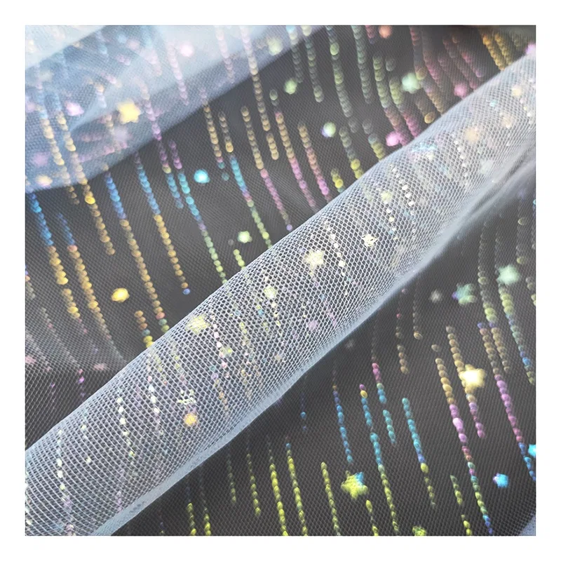 Lace Fabric Sky Blue Mesh Glitter Tulle Lace Fabric with Colorful Shooting Star for Baby Tutu Dress Fabric - 100% Polyester...