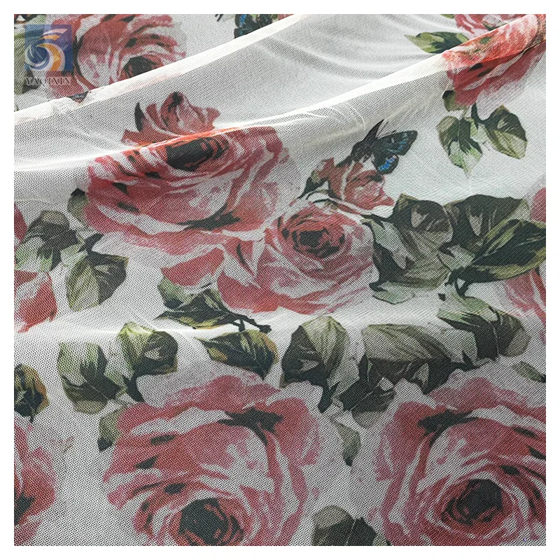 Market Stock Lot Prices Custom Printed Mesh Polyester Fabric Rose Floral Digital Print Fabric Vintage Ivory Tulle - 100%...