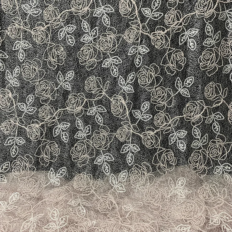 YX1219 2026 New Custom Light Pink Color Rose Embroidered Mesh Fabric Rope Embroidery Fabric 5 Yards for Girls' Clothing
