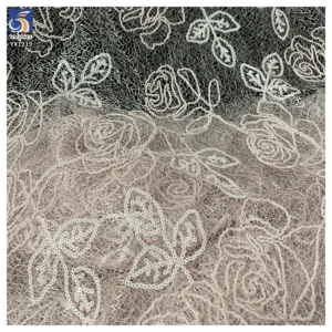 YX1219 2026 New Custom Light Pink Color Rose Embroidered Mesh Fabric Rope Embroidery Fabric 5 Yards for Girls' Clothing