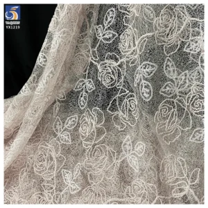 YX1219 2026 New Custom Light Pink Color Rose Embroidered Mesh Fabric Rope Embroidery Fabric 5 Yards for Girls' Clothing