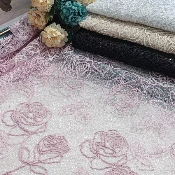 YX1219 2026 New Custom Light Pink Color Rose Embroidered Mesh Fabric Rope Embroidery Fabric 5 Yards for Girls' Clothing