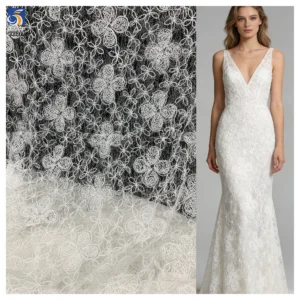 YX1217 New Autumn Style Plain Color Crochet Rope Lace Fabric With Embroidered Florals Mesh Fabric for Garments