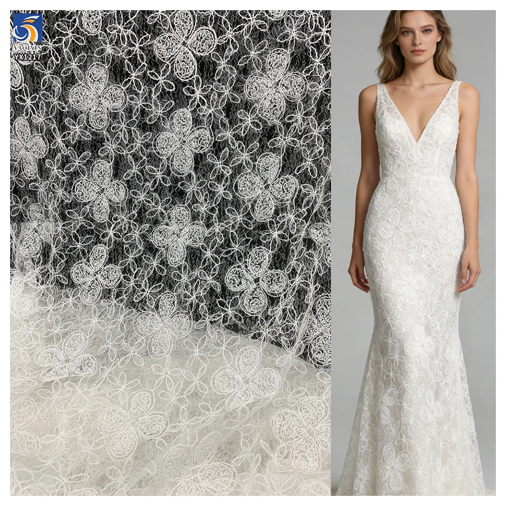 YX1217 New Autumn Style Plain Color Crochet Rope Lace Fabric With Embroidered Florals Mesh Fabric for Garments