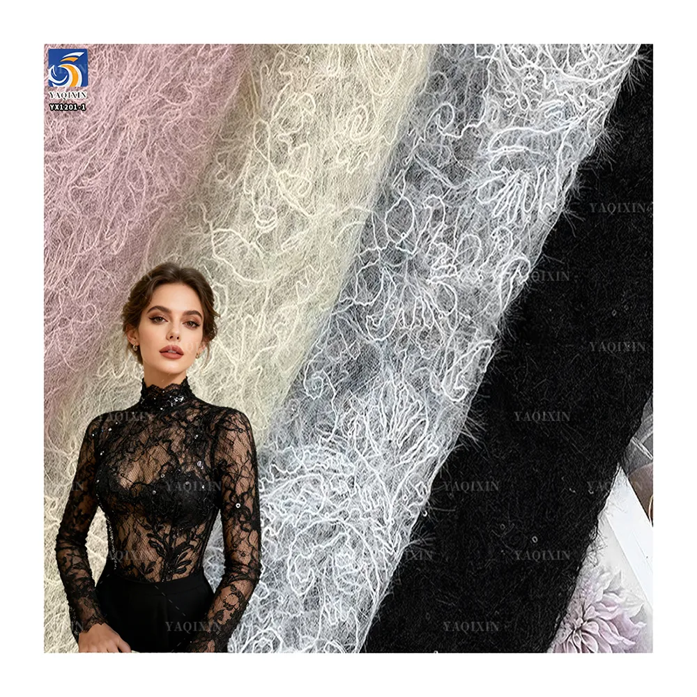 YX1201-1 130gsm Sexy Style Embroidered Black Tulle Fabric for Woman Clothing Mesh Custom Knitted Embroidery Fabric 1 Yard