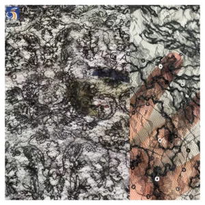 YX1201-1 130gsm Sexy Style Embroidered Black Tulle Fabric for Woman Clothing Mesh Custom Knitted Embroidery Fabric 1 Yard