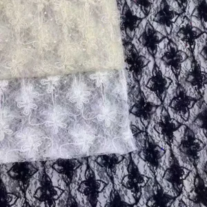 YX1201-1 130gsm Sexy Style Embroidered Black Tulle Fabric for Woman Clothing Mesh Custom Knitted Embroidery Fabric 1 Yard